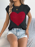 Cable Knit Heart Round Neck Cap Sleeve Knit Top - Trendsi - Flyclothing LLC