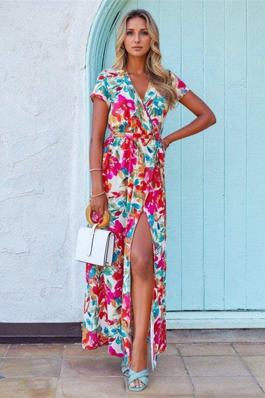 Printed Surplice Short Sleeve Tie Waist Maxi Dress - Trendsi - Flyclothing LLC