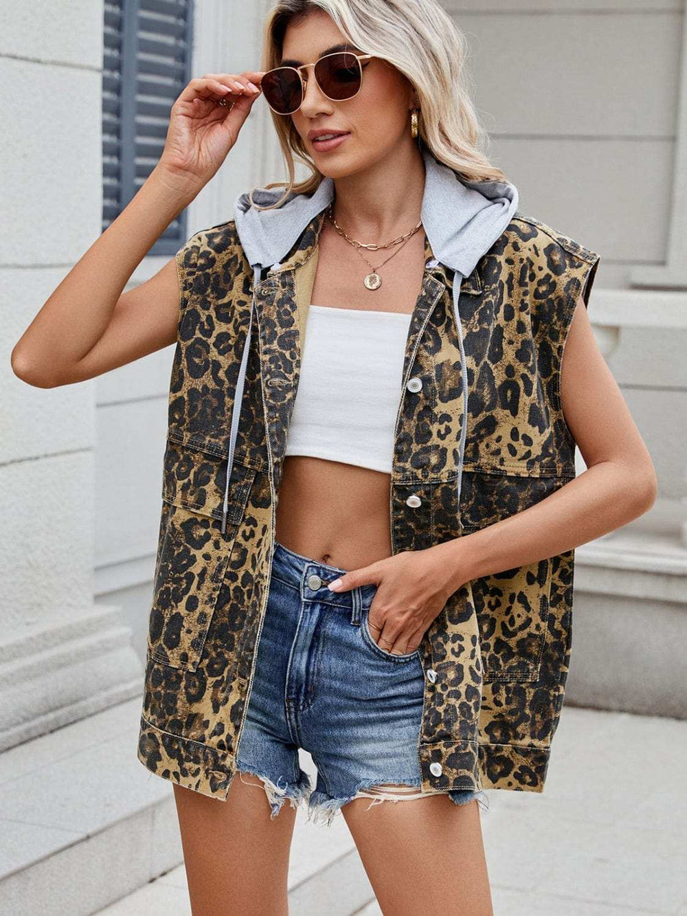 Leopard Buttton Up Denim Vest - Trendsi - Flyclothing LLC