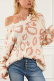Distressed Trim Leopard V-Neck Sweater - Trendsi - Flyclothing LLC