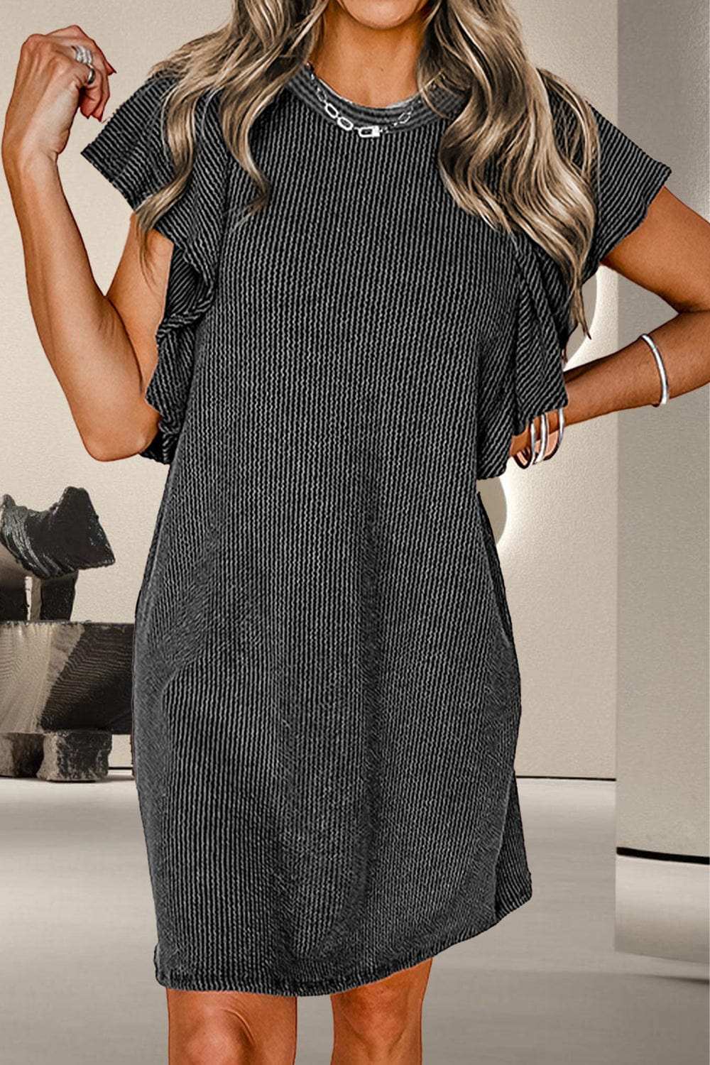 Textured Ruffled Round Neck Cap Sleeve Dress - Trendsi - Flyclothing LLC