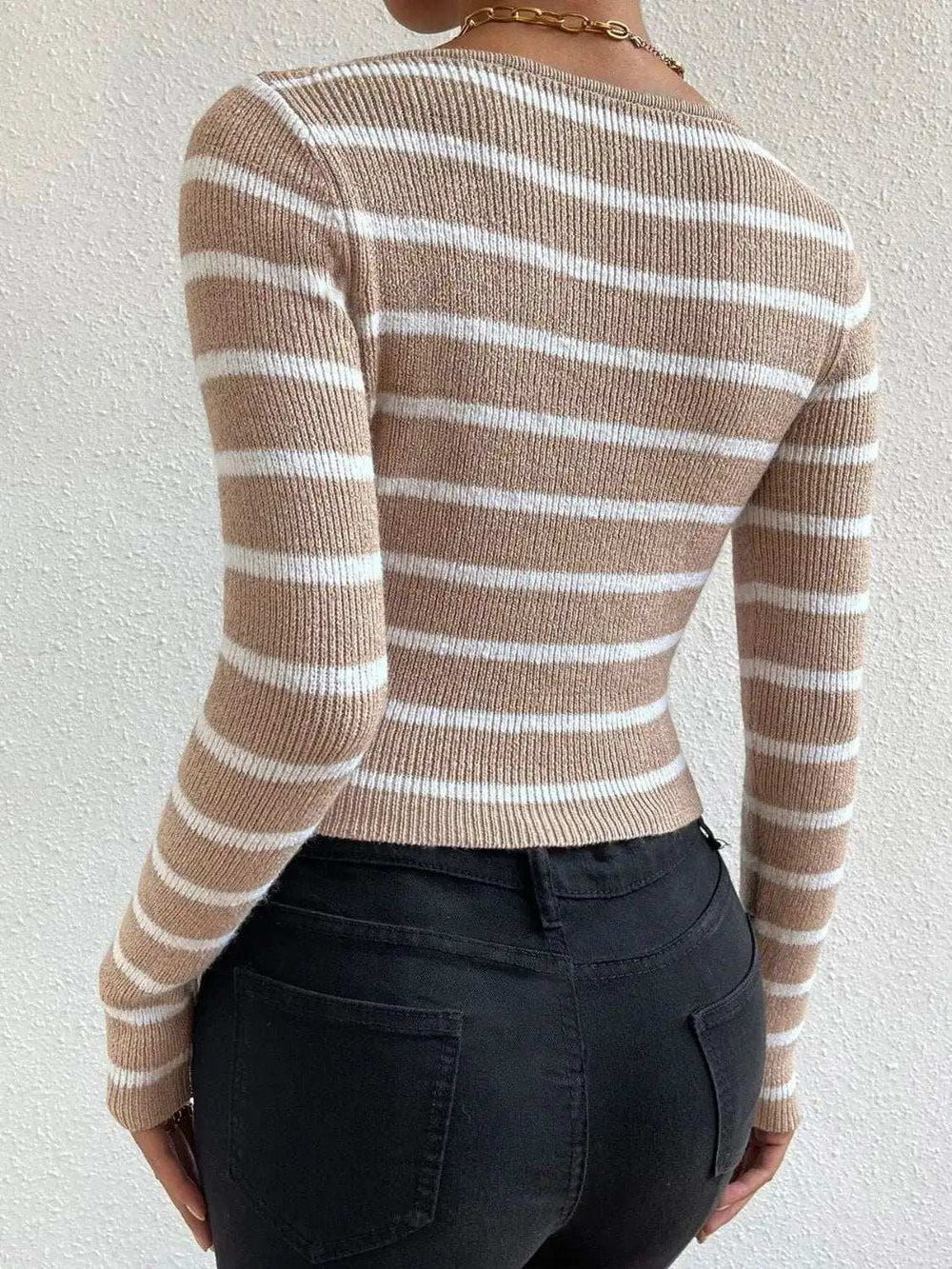 Striped Notched Long Sleeve Sweater - Trendsi - Flyclothing LLC