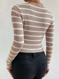 Striped Notched Long Sleeve Sweater - Trendsi - Flyclothing LLC