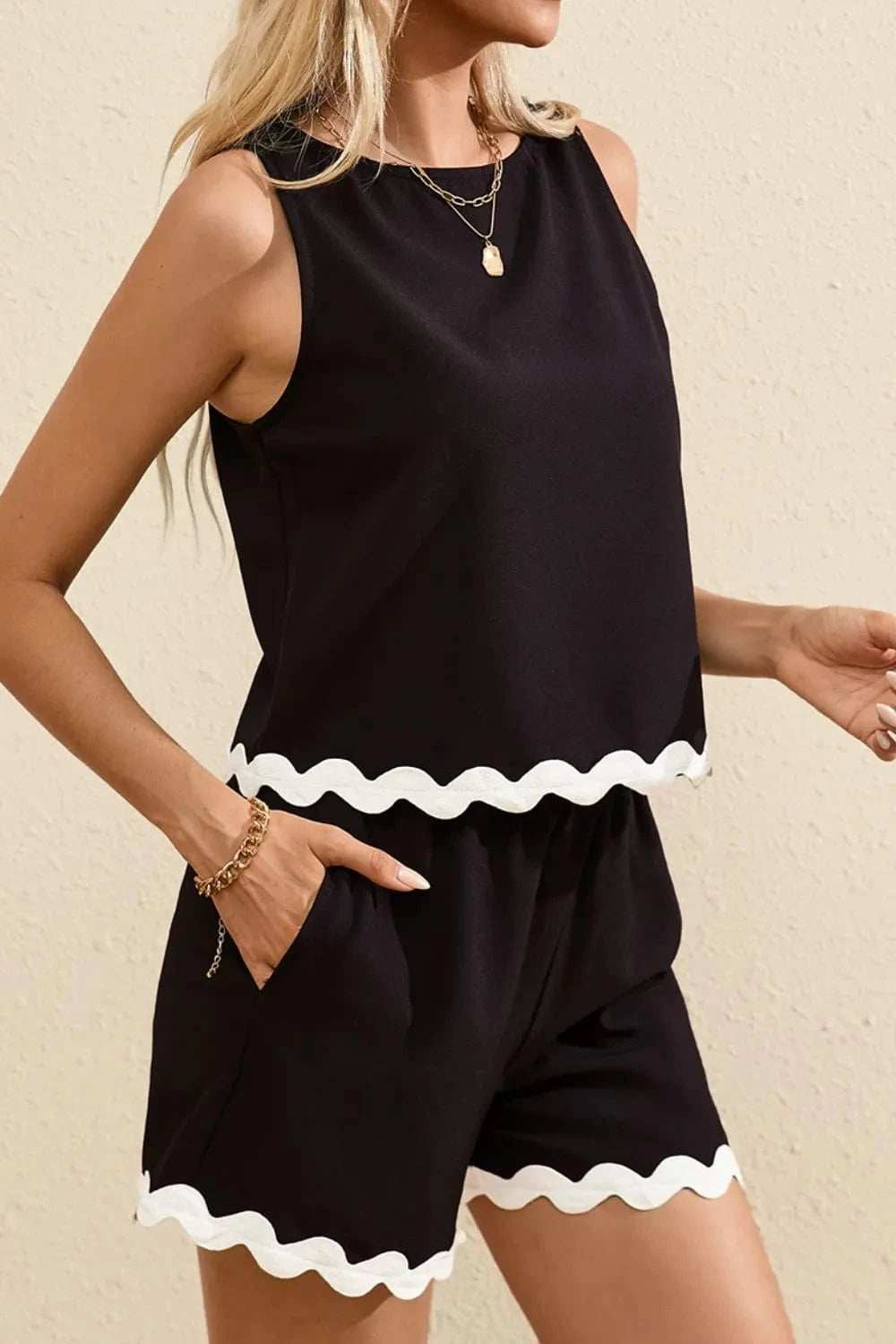 Ricrac Trim Tank Top and Elastic Waist Shorts Set - Trendsi - Flyclothing LLC