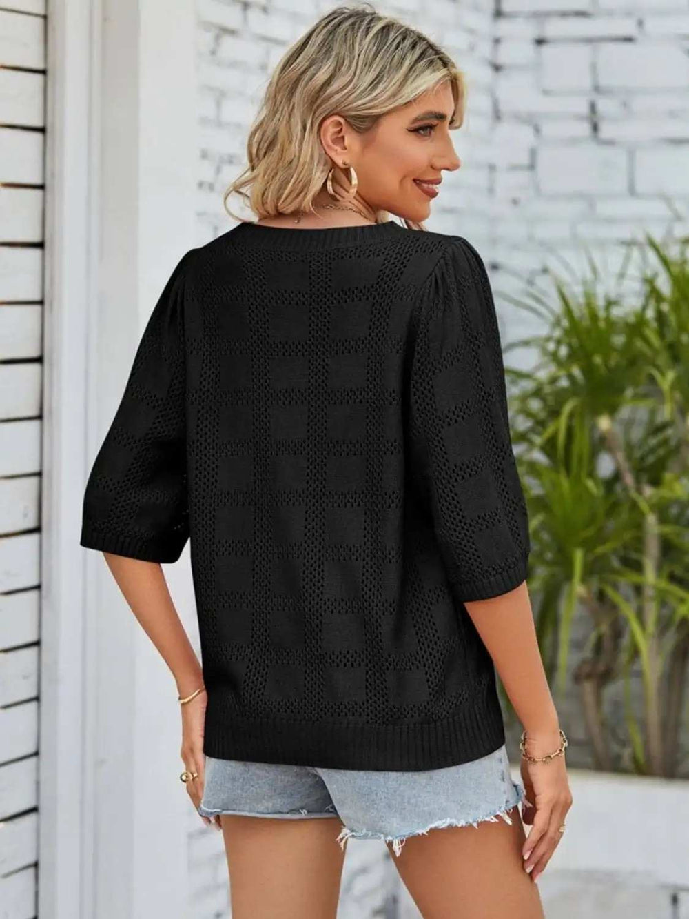 Openwork Round Neck Knit Top - Trendsi - Flyclothing LLC