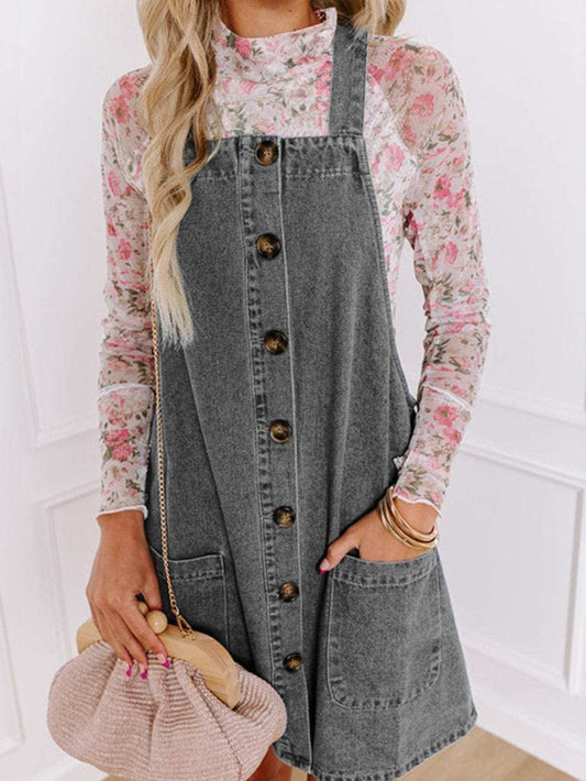 Wide Strap Button Down Denim Overall Dress - Trendsi - Flyclothing LLC