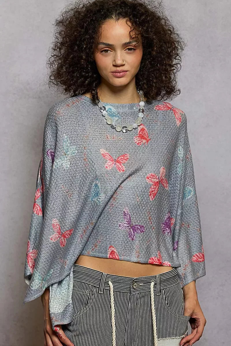POL Butterflies Pattern Round Neck knit Top with Outseam Rolling Edge - Trendsi - Flyclothing LLC