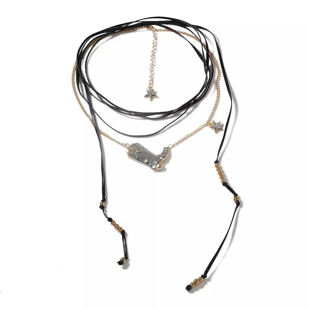 2 Piece Layered Leather Cord Boot Pendant Necklace - Trendsi - Flyclothing LLC