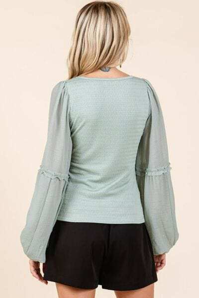 Mittoshop Mixed Media Textured Knit Chiffon Long Sleeve Top - Trendsi - Flyclothing LLC