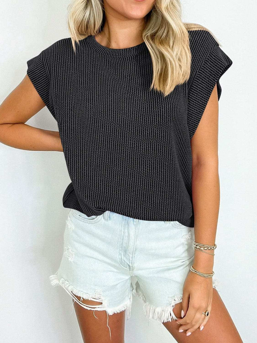Textured Round Neck Cap Sleeve Blouse - Trendsi - Flyclothing LLC