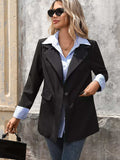 Striped Collar Long Sleeve Fake Two-Piece Blazer - Trendsi - Flyclothing LLC