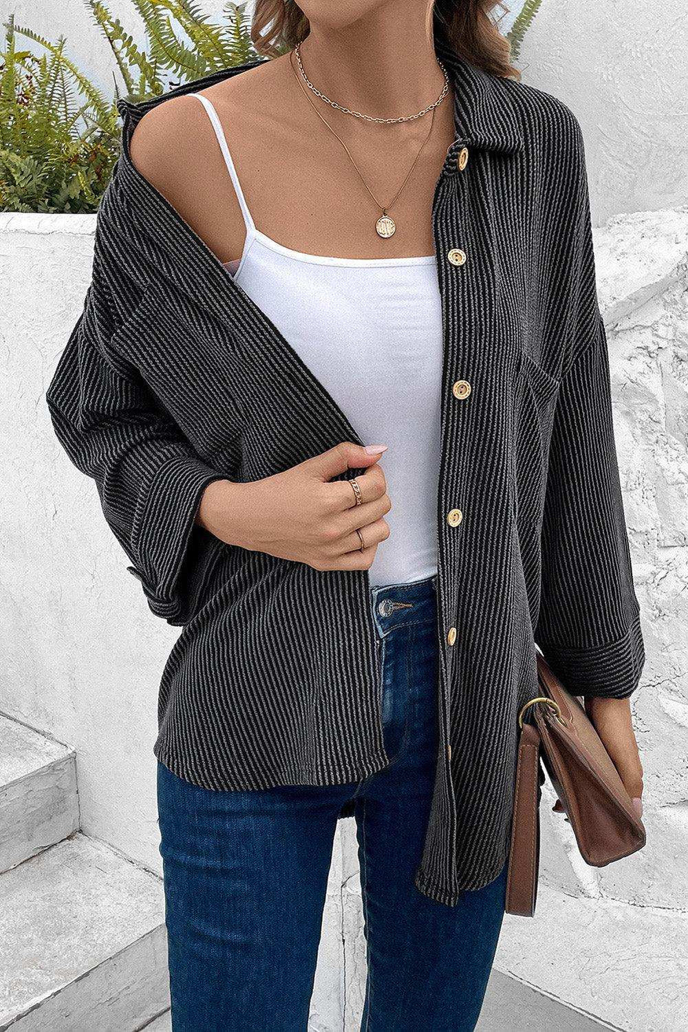 Dropped Shoulder Long Sleeve Shirts with Pocket - Trendsi - Flyclothing LLC