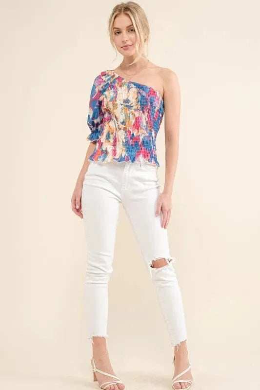 And The Why Allover Floral Print Smocked One Shoulder Blouse - Trendsi - Flyclothing LLC