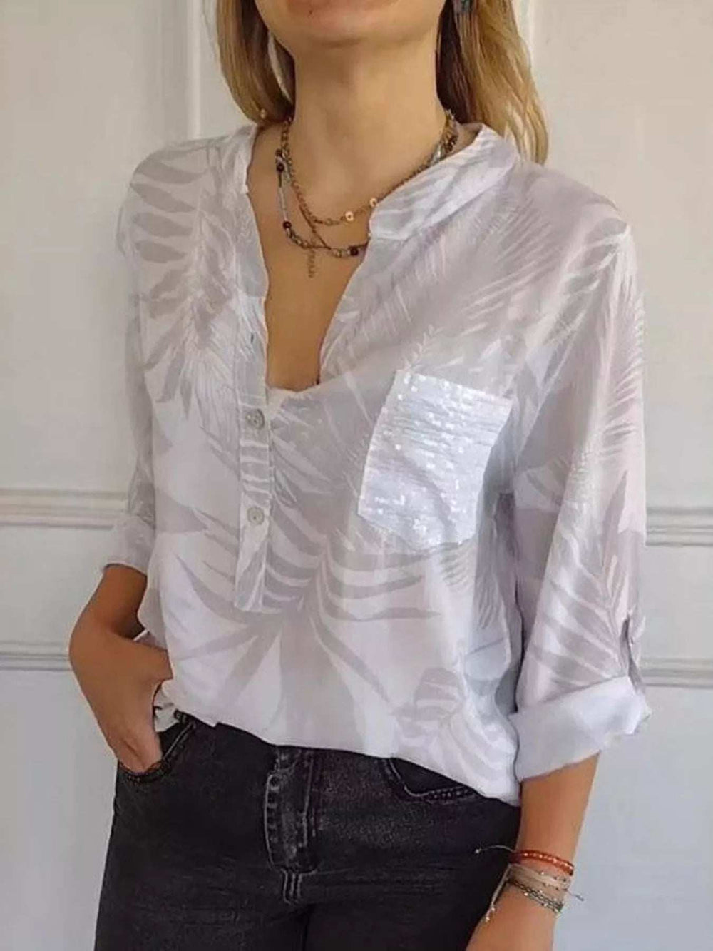 Full Size Printed Button Detail Long Sleeve Blouse Plus Size - Trendsi - Flyclothing LLC