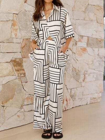 Button Down Half Sleeve Top and Pants Set - Trendsi - Flyclothing LLC