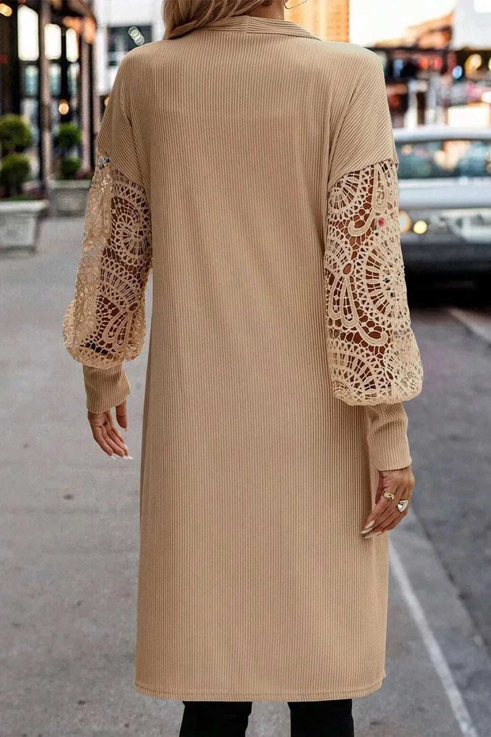 Open Front Lace Lantern Sleeve Cover-Up - Trendsi - Flyclothing LLC