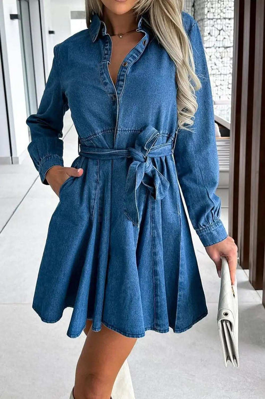 Tied Half Button Long Sleeve Denim Dress - Trendsi - Flyclothing LLC