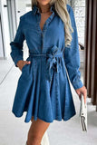 Tied Half Button Long Sleeve Denim Dress - Trendsi - Flyclothing LLC