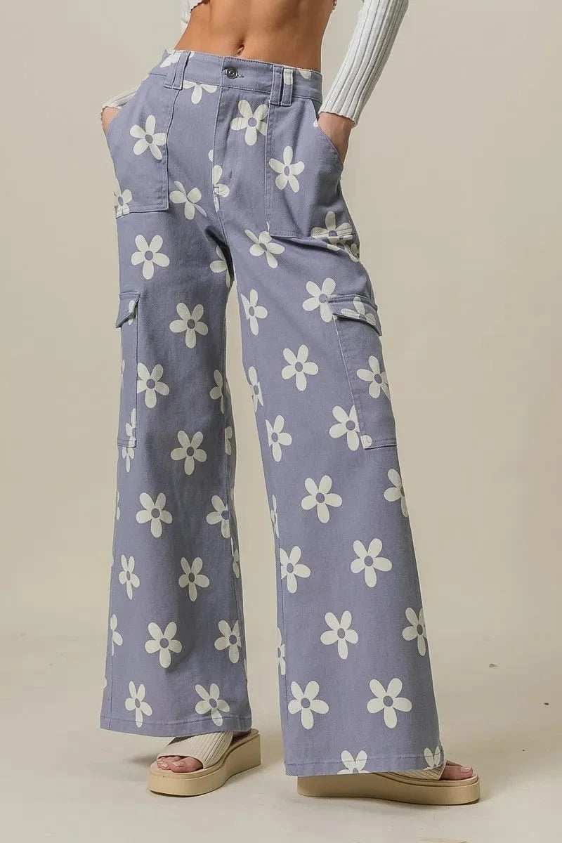 BiBi Flower Printed Side Pocket Wide Pants - Trendsi - Flyclothing LLC