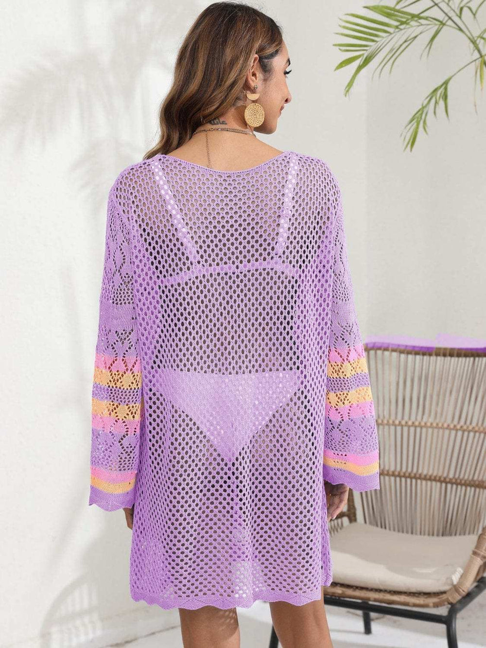 Openwork Contrast Long Sleeve Cover-Up - Trendsi - Flyclothing LLC