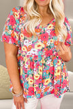 Peplum Floral V-Neck Short Sleeve Blouse - Trendsi - Flyclothing LLC