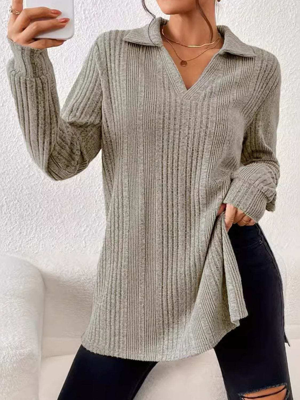 Slit Johnny Collar Long Sleeve Top - Trendsi - Flyclothing LLC