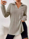 Slit Johnny Collar Long Sleeve Top - Trendsi - Flyclothing LLC
