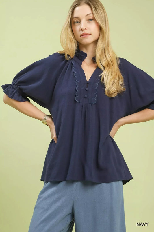 Umgee Linen Scalloped Ruffle Neck Blouse - Trendsi - Flyclothing LLC