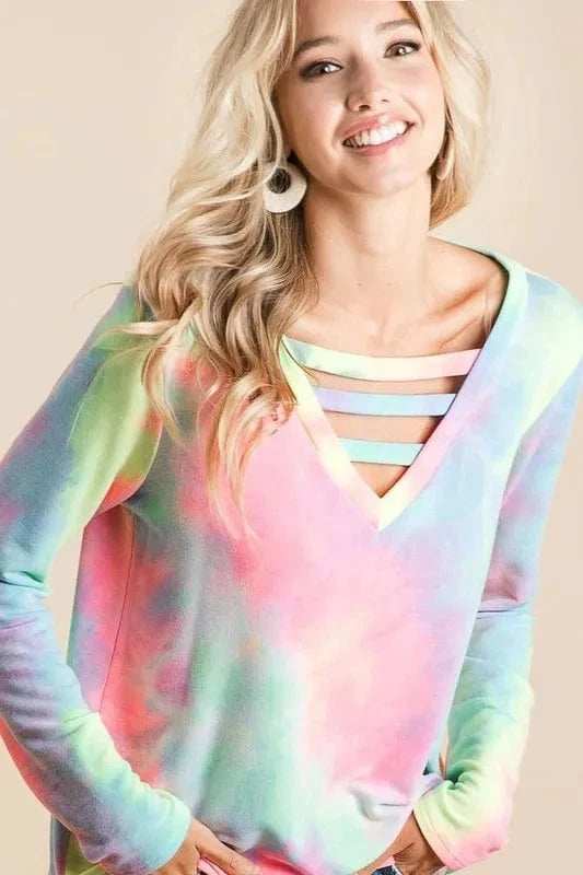 BiBi Tie Dye French Terry V-Neck Top with Strapped - Trendsi - Flyclothing LLC