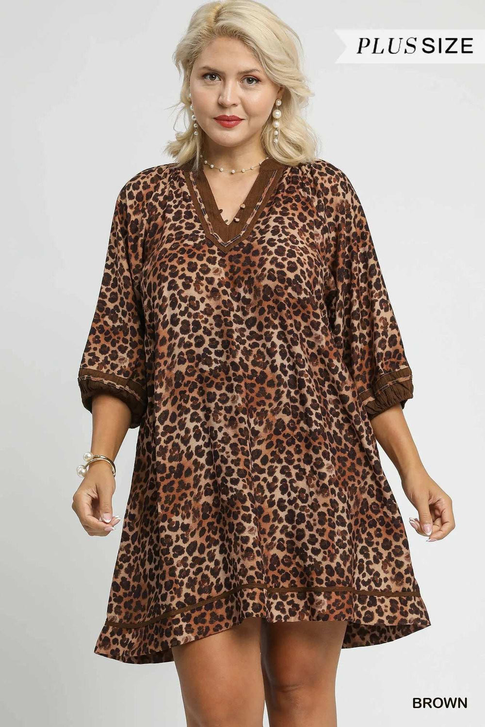 Umgee Full Size Leopard Print Mini Dress with Contrast Trim Plus Size - Trendsi - Flyclothing LLC