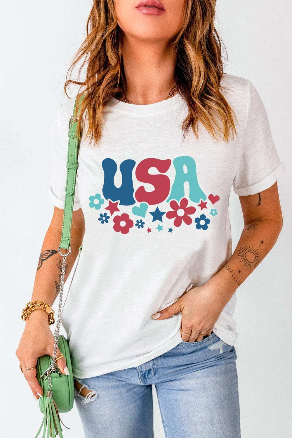 USA Round Neck Short Sleeve T-Shirt - Trendsi - Flyclothing LLC