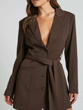 Lapel Collar Tie Waist Blazer - Trendsi - Flyclothing LLC