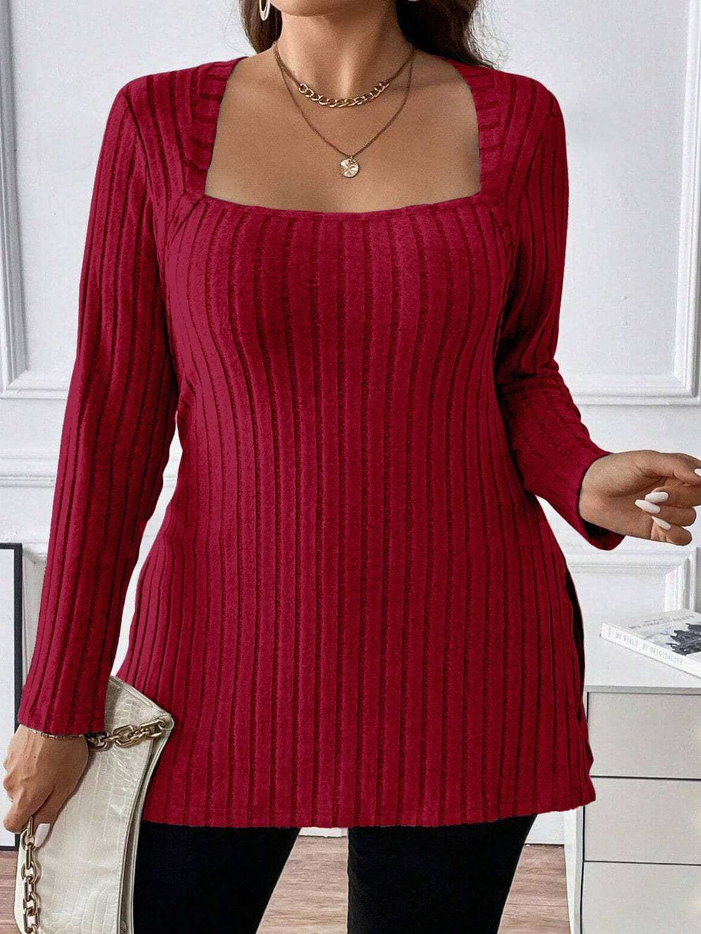 Plus Size Square Neck Long Sleeve Top - Trendsi - Flyclothing LLC