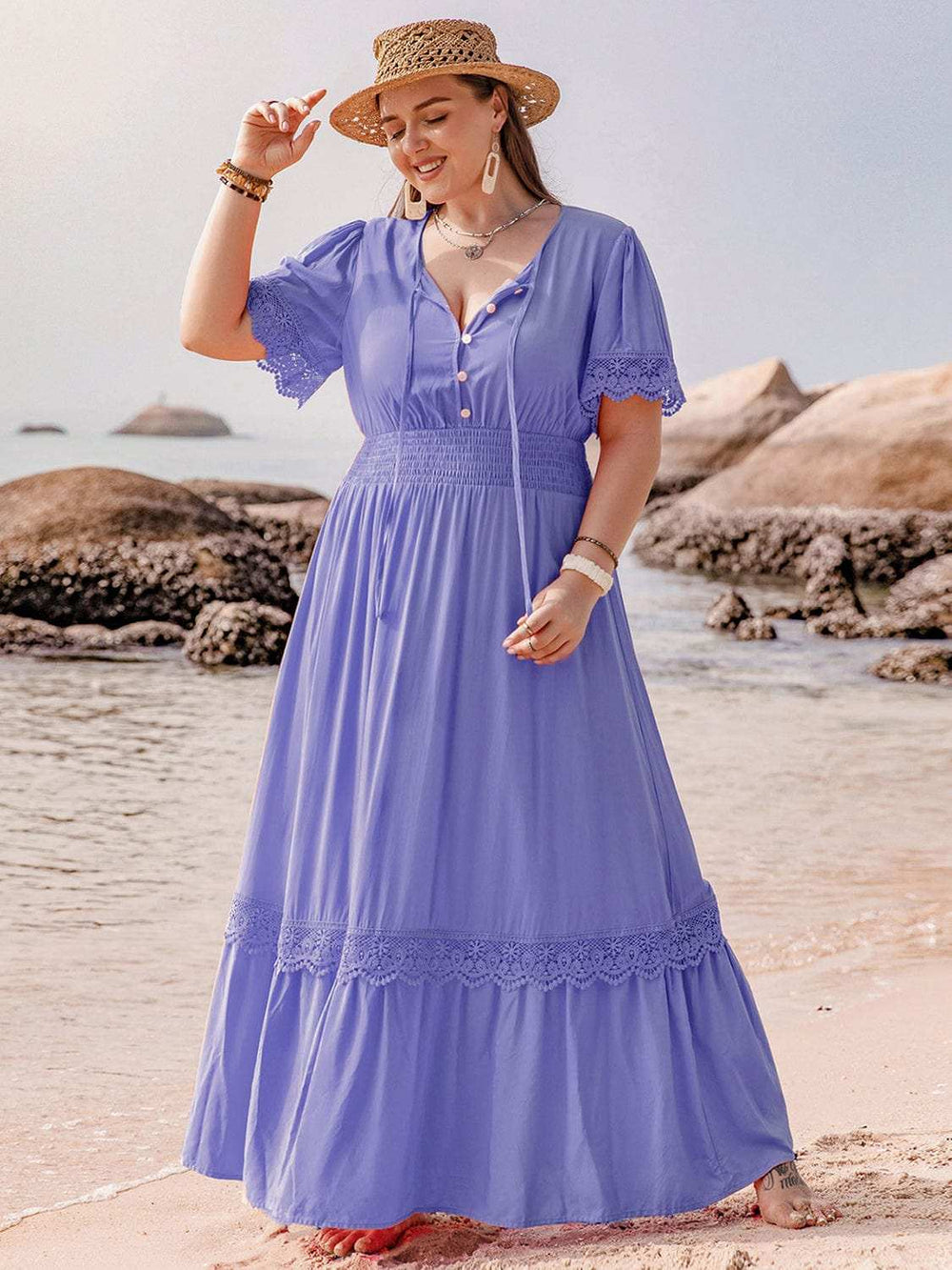 Plus Size Lace Detail Tie Neck Short Sleeve Maxi Dress - Trendsi - Flyclothing LLC