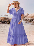 Plus Size Lace Detail Tie Neck Short Sleeve Maxi Dress - Trendsi - Flyclothing LLC