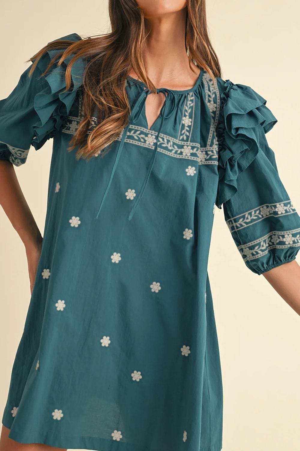 Floral Ruffle Puff Sleeve Tie Neck Mini Dress - Trendsi - Flyclothing LLC