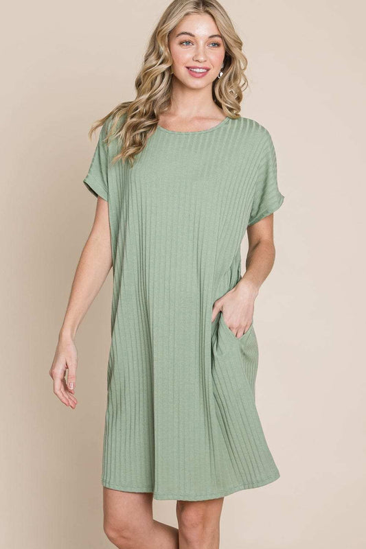 BOMBOM Ribbed Round Neck Short Sleeve Dress - Trendsi - Flyclothing LLC