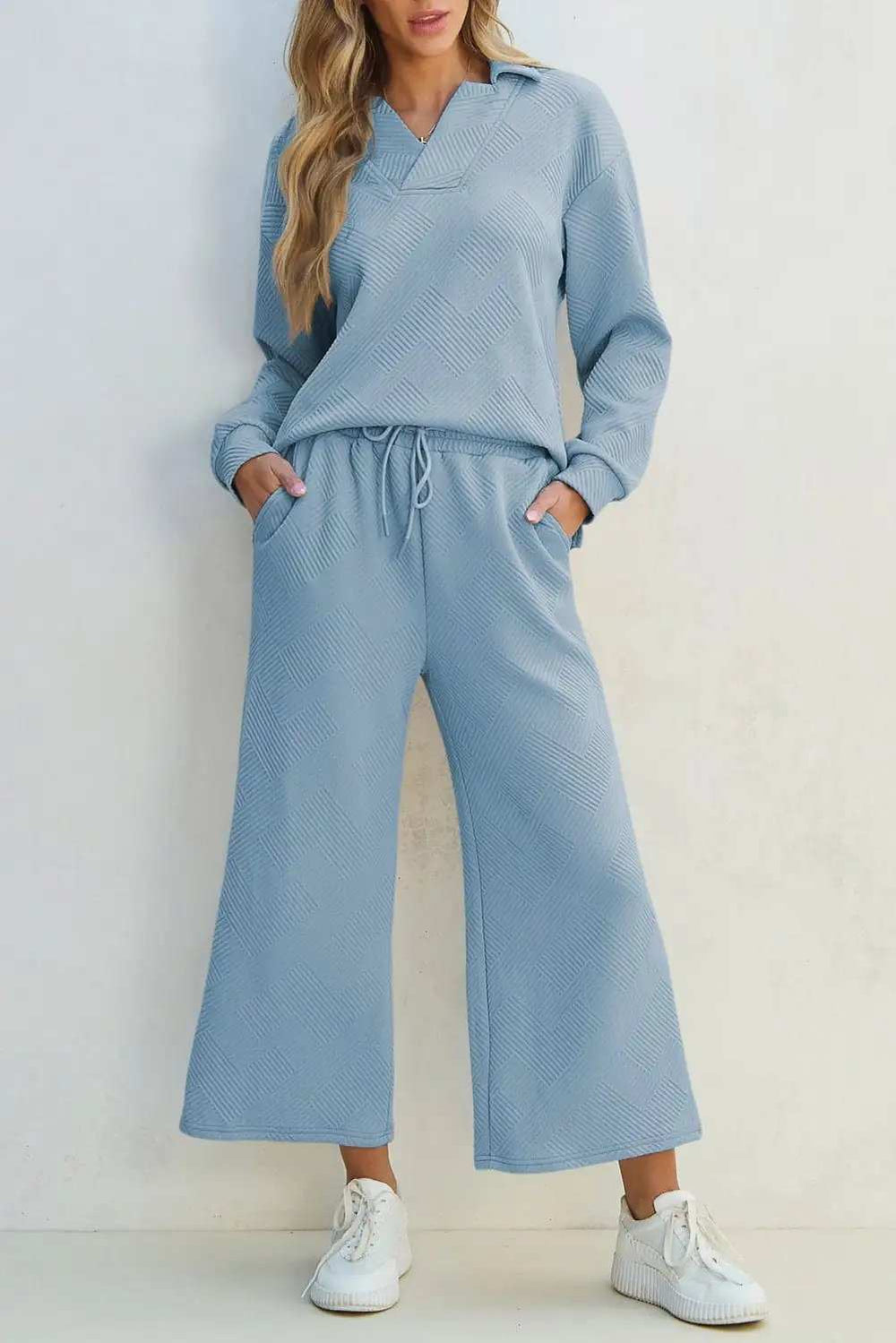 Textured Collared Neck Top and Wide Leg Pants Set - Trendsi - Flyclothing LLC