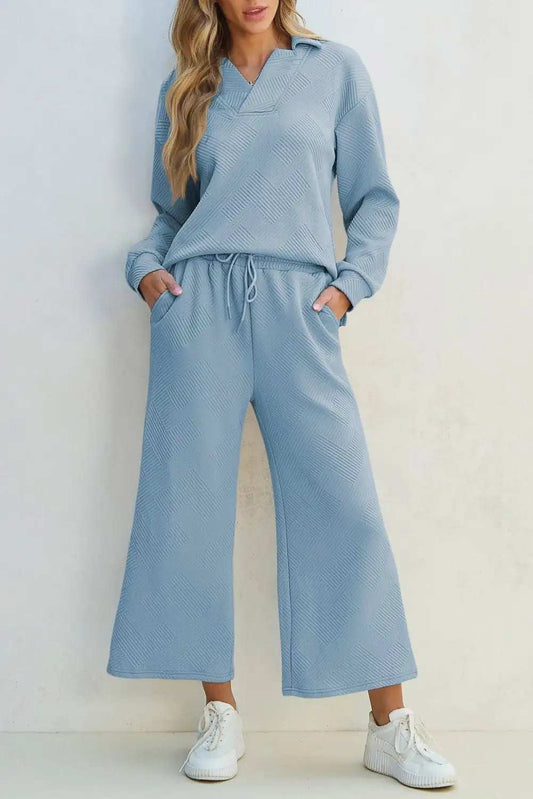 Textured Collared Neck Top and Wide Leg Pants Set - Trendsi - Flyclothing LLC