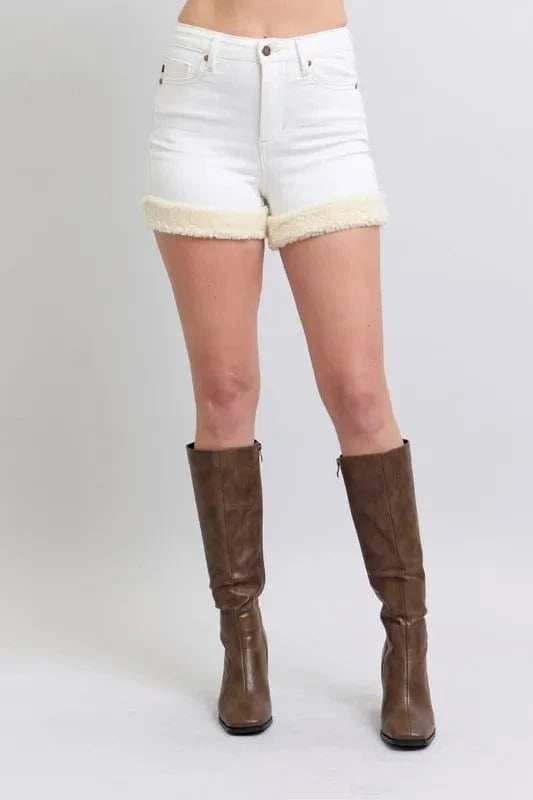 Judy Blue Full Size High Waist Shearling Cuff Denim Shorts Plus Size - Trendsi - Flyclothing LLC