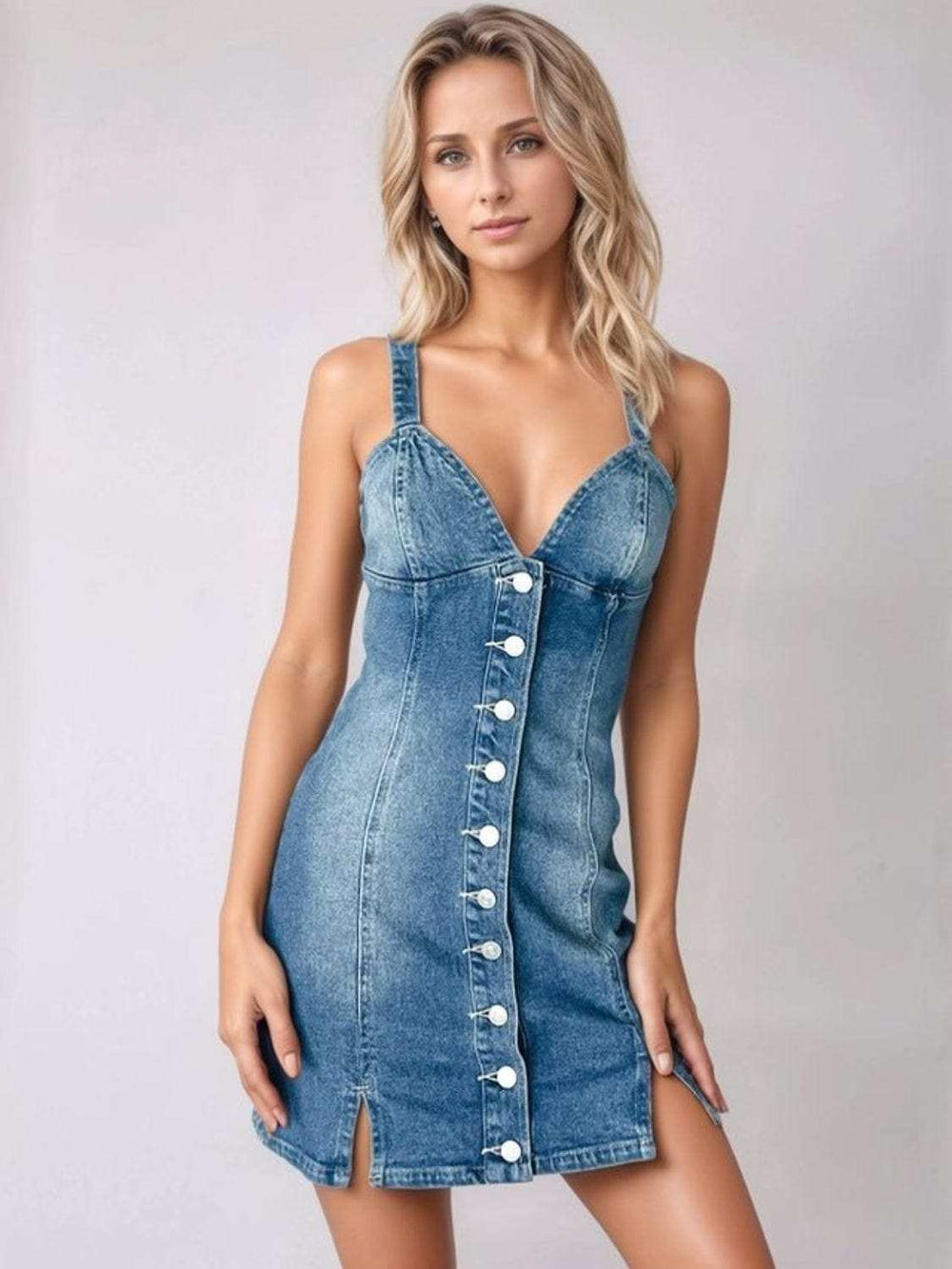 Button Down Mini Cami Denim Dress - Trendsi - Flyclothing LLC