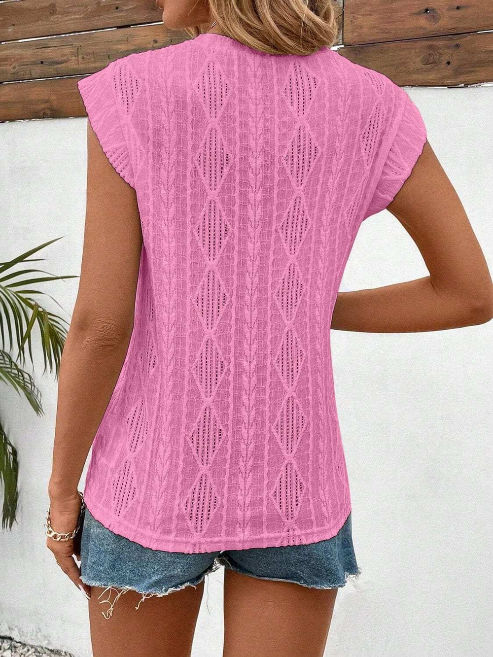 Eyelet Round Neck Cap Sleeve Top - Trendsi - Flyclothing LLC