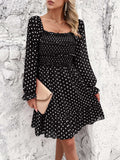 Smocked Polka Dot Long Sleeve Dress - Trendsi - Flyclothing LLC