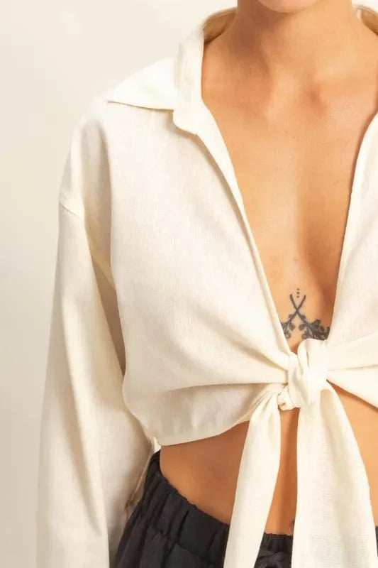 HYFVE Washed Tie Front Crop Top - Trendsi - Flyclothing LLC