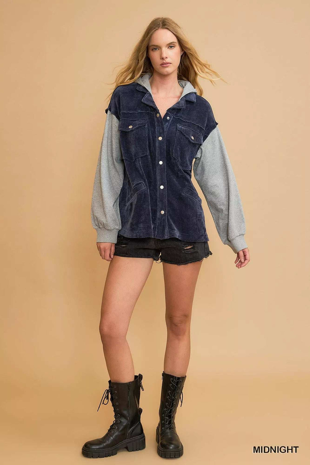 Umgee Contrast Hooded Chenille Jacket - Trendsi - Flyclothing LLC