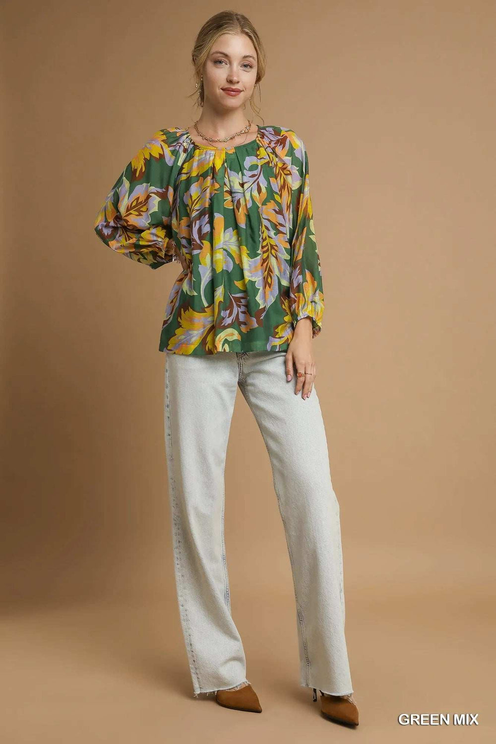 Umgee Mix Abstract Print Balloon Sleeve Blouse - Trendsi - Flyclothing LLC