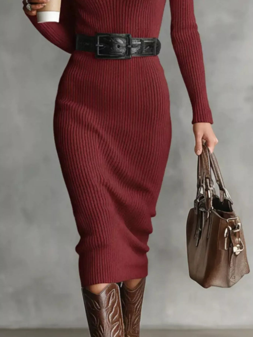 Full Size Ribbed Knit Turtleneck Sweater Dress Plus Size - Trendsi - Flyclothing LLC