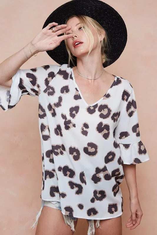 BiBi Leopard Printed V Neck Woven Top with Ruffled - Trendsi - Flyclothing LLC