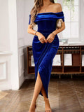 Velvet Off-Shoulder Ruched Midi Dress - Trendsi - Flyclothing LLC