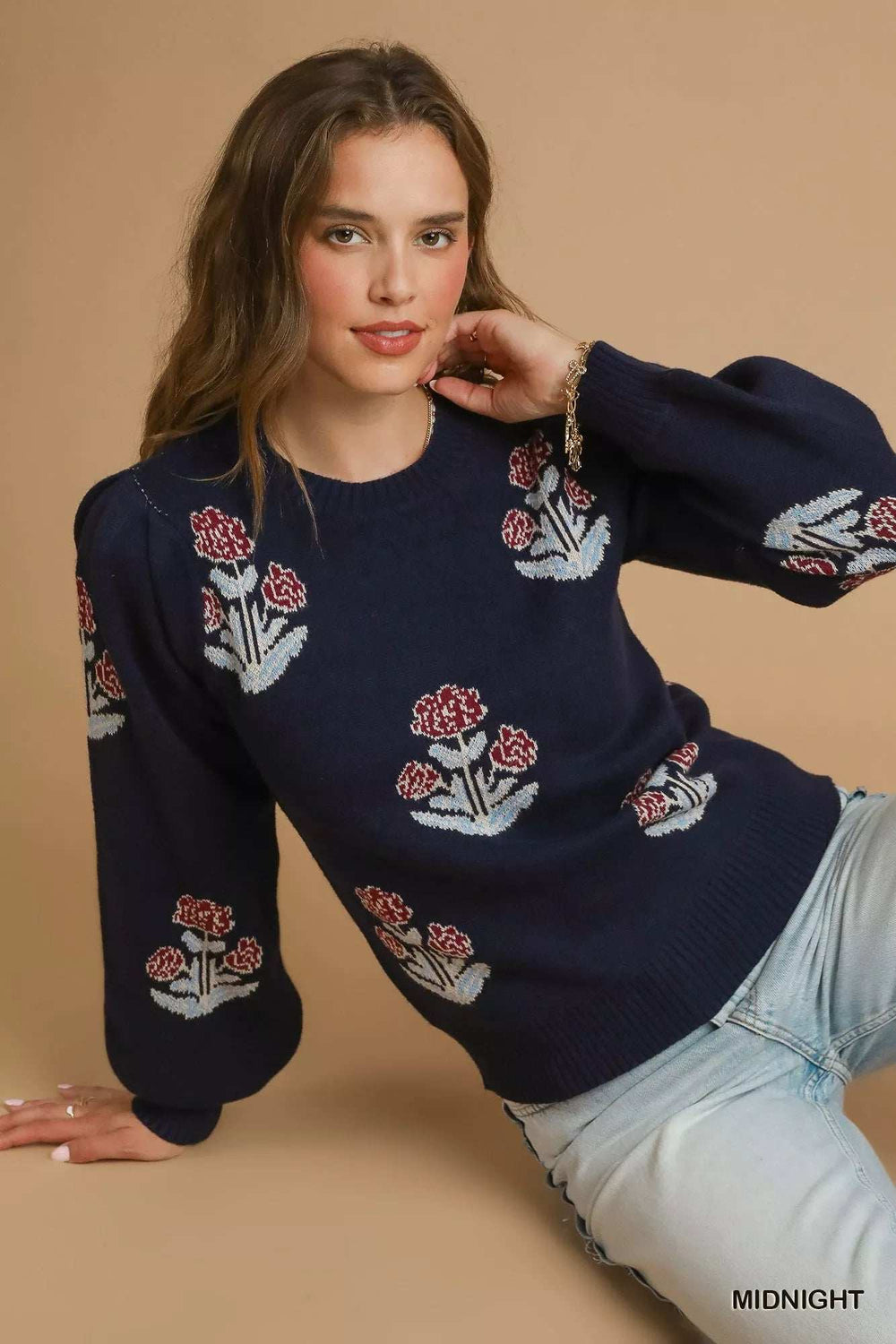 Umgee Floral Knit Sweater with Puff Sleeves - Trendsi - Flyclothing LLC